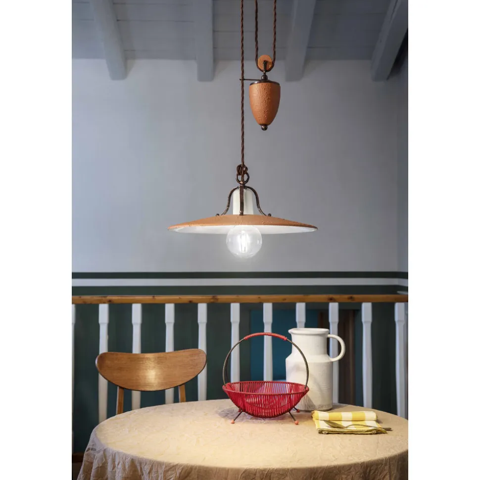 Lampada Sospensione Saliscendi in Ferro e Ceramica Grezza a Mano - Bologna