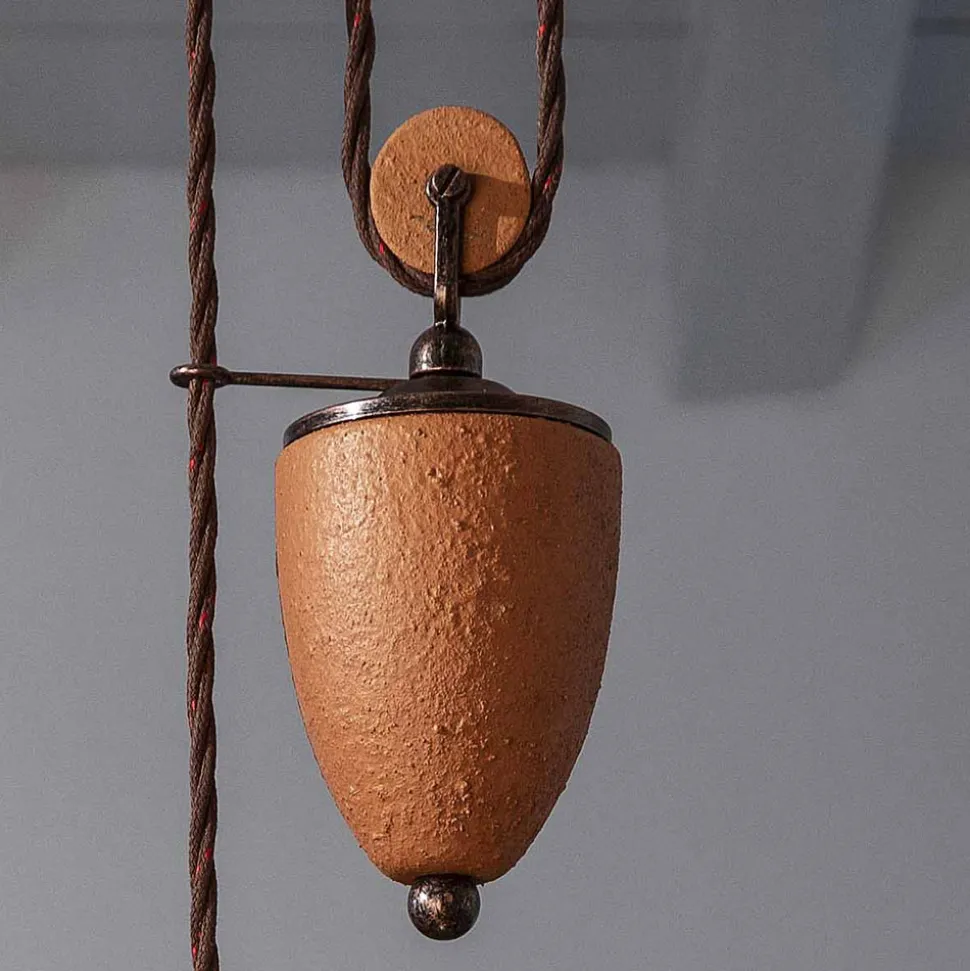 Lampada Sospensione Saliscendi in Ferro e Ceramica Grezza a Mano - Bologna
