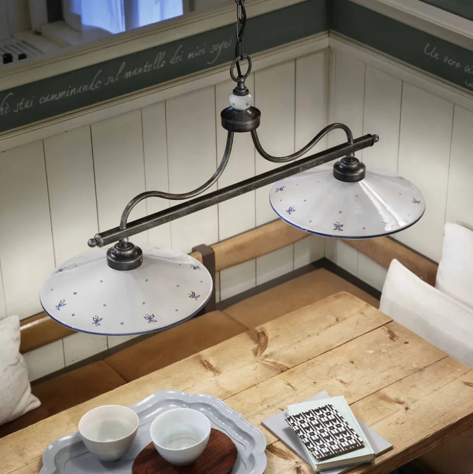 Lampada Sospesa a 2 Luci in Ceramica Dipinta a Mano e Ferro Design - Asti