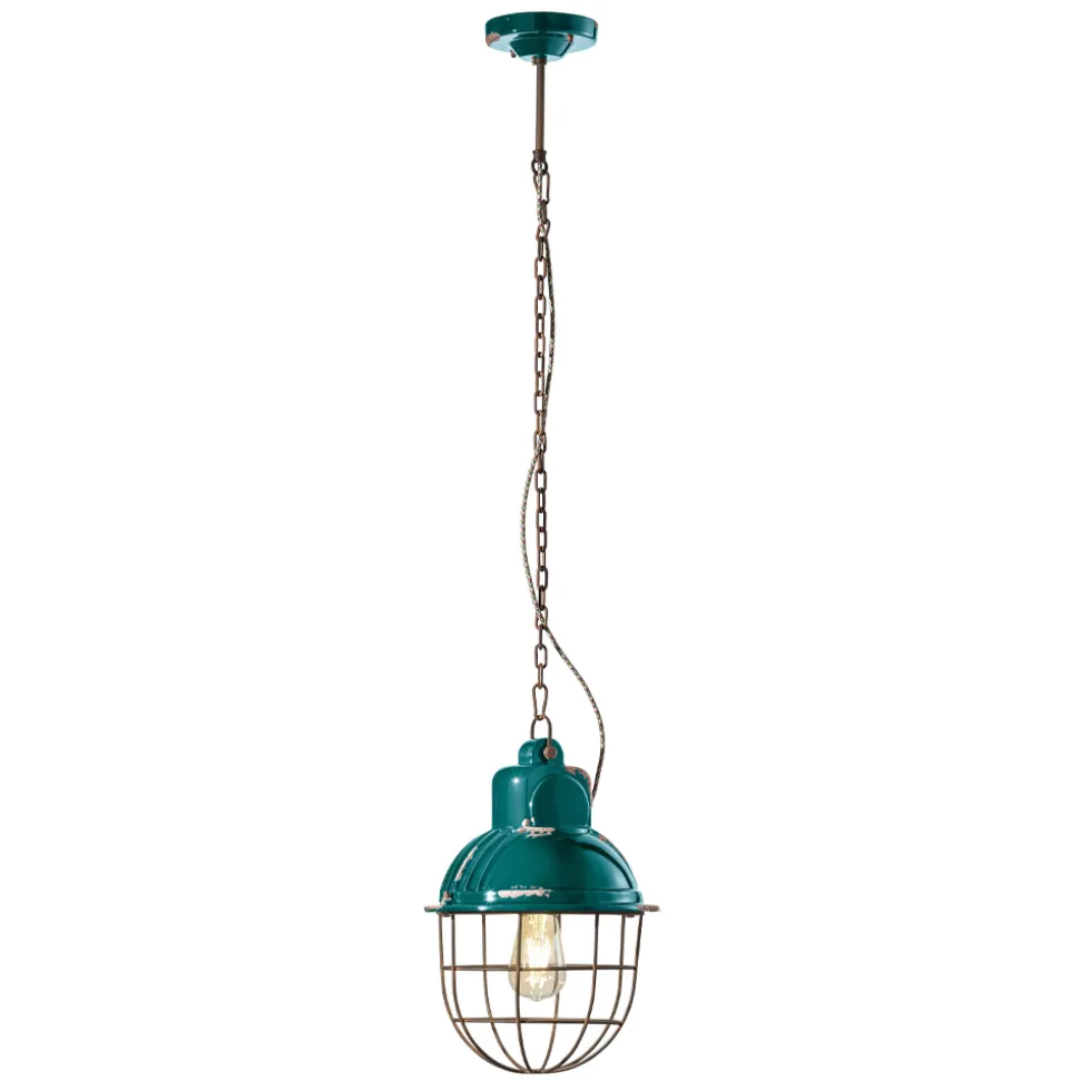 Lampada Sospesa Artigianale in Ferro e Ceramica con Griglia - Industrial