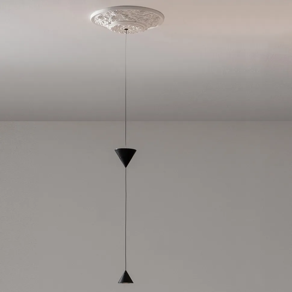 Lampada Sospesa di Design in Gesso bianco e Alluminio Nero 2 Coni - Tesera