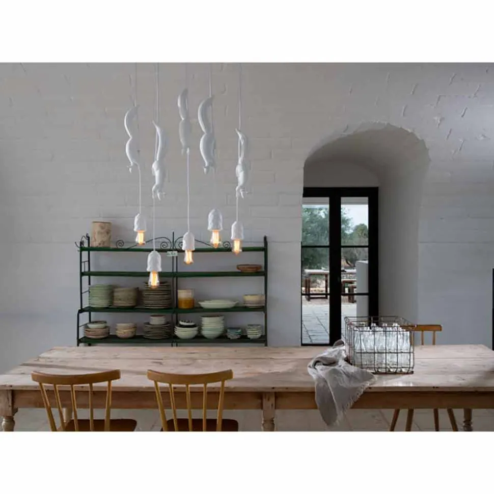 Lampada Sospesa in Ceramica Bianca Opaca con Scoiattolo e Ghianda - Scoiattolo