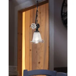 Lampada Sospesa in Ferro e Vetro con Rosa di Decoro in Ceramica - Siena