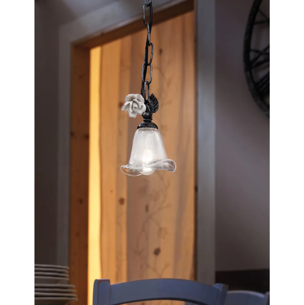 Lampada Sospesa in Ferro e Vetro con Rosa di Decoro in Ceramica - Siena