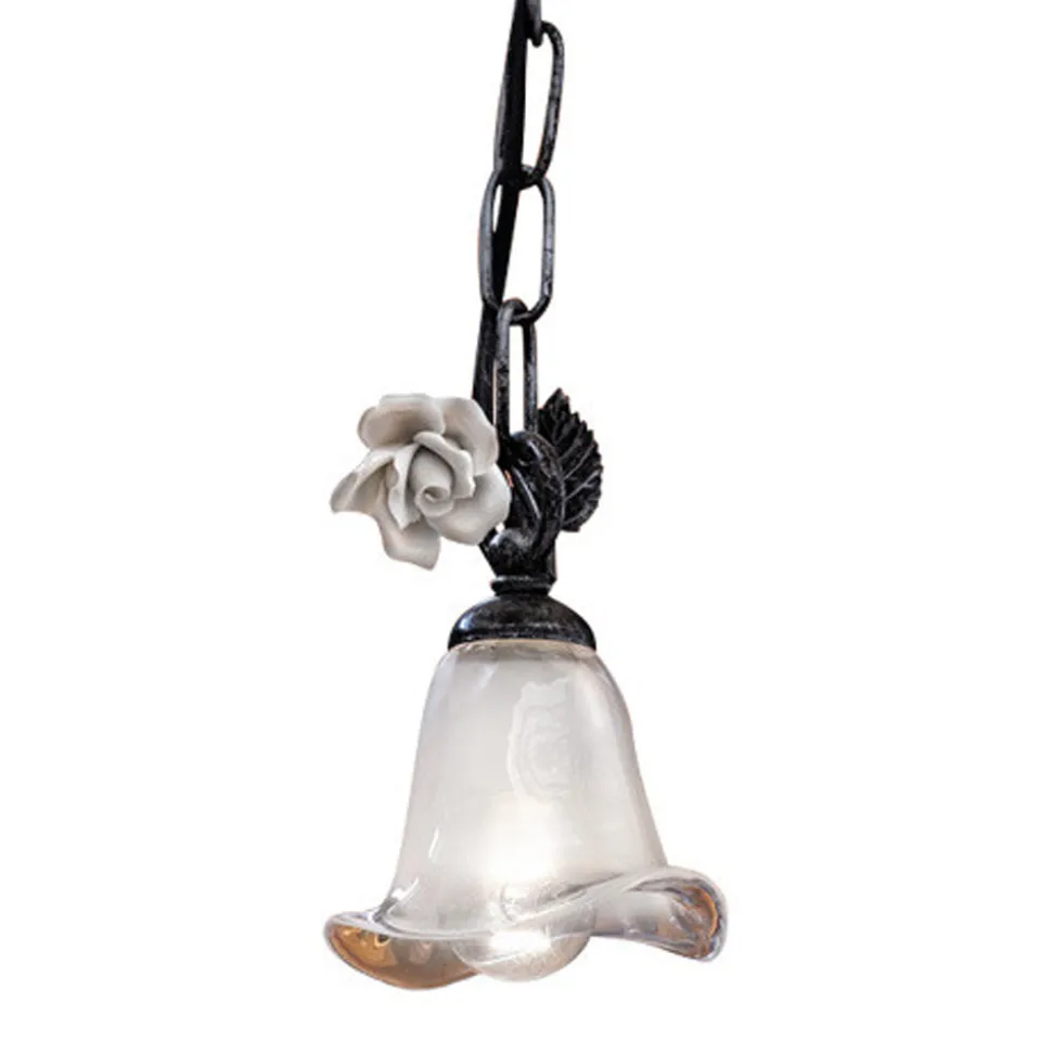 Lampada Sospesa in Ferro e Vetro con Rosa di Decoro in Ceramica - Siena