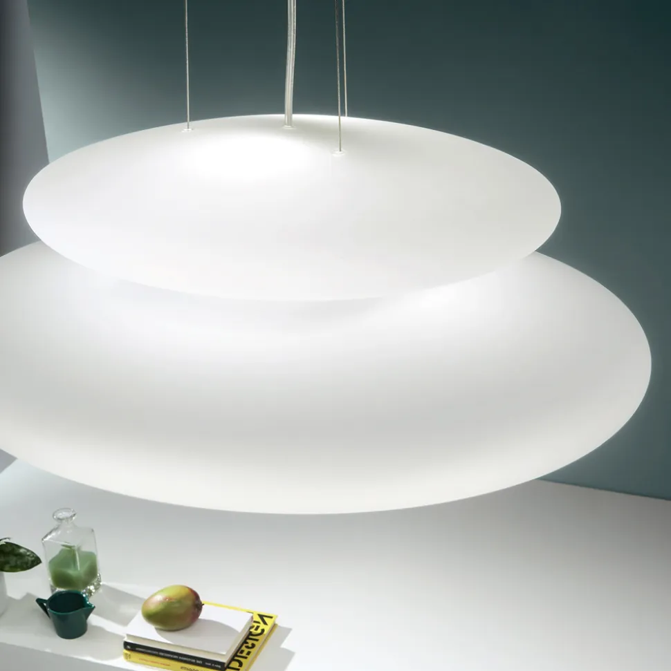 Lampada Sospesa in Vetro Bianco Soffiato e Metallo Cromato - Illumina