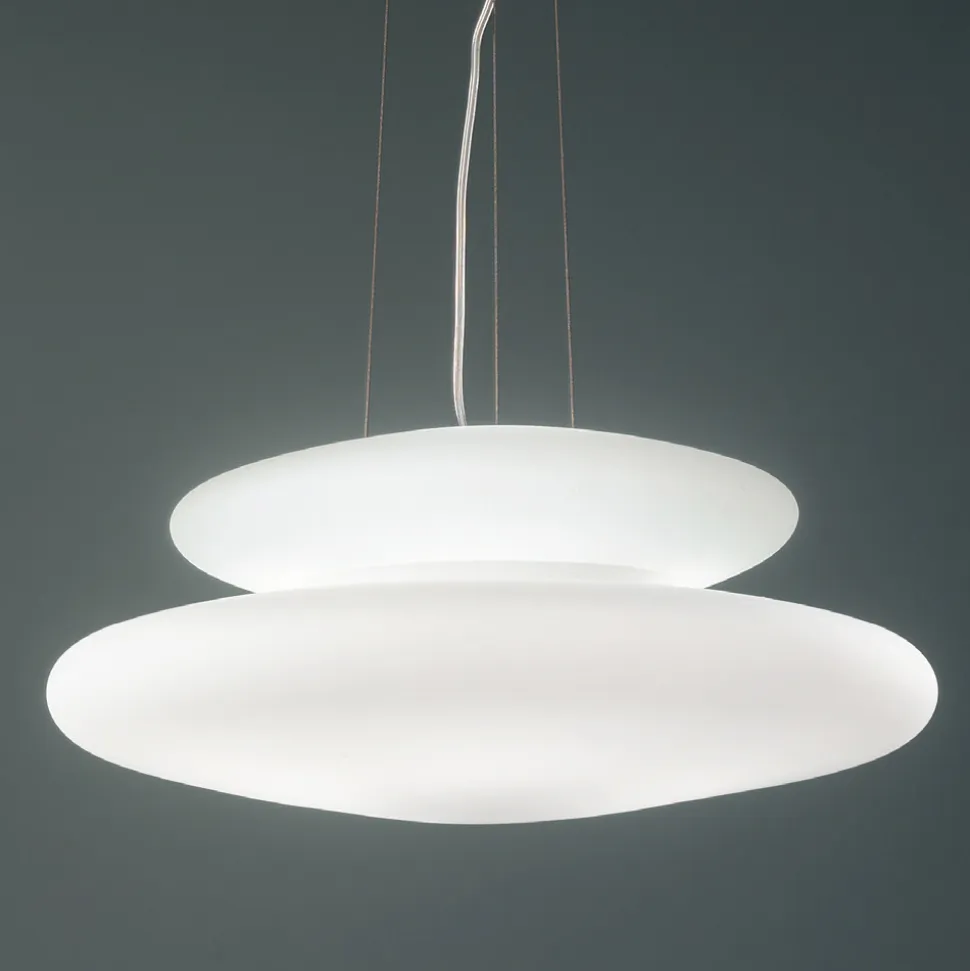 Lampada Sospesa in Vetro Bianco Soffiato e Metallo Cromato - Illumina