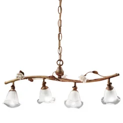 Lampada Sospesa Lineare 4 Luci in Ferro, Vetro e Rose di Ceramica - Siena