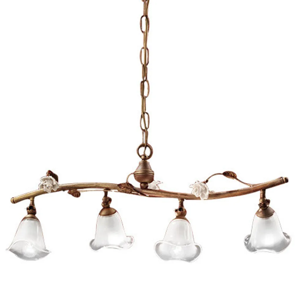 Lampada Sospesa Lineare 4 Luci in Ferro, Vetro e Rose di Ceramica - Siena