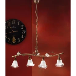 Lampada Sospesa Lineare 4 Luci in Ferro, Vetro e Rose di Ceramica - Siena
