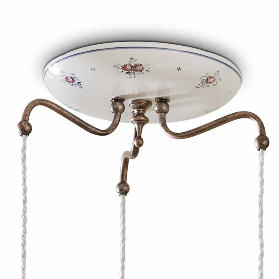 Lampada Sospesa 3 Luci in Ferro e Ceramica Dipinta a Mano Vintage - Chieti