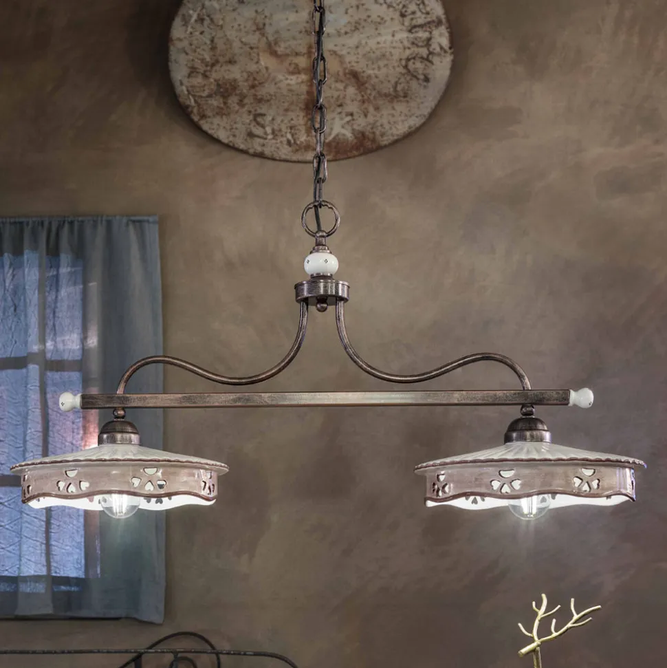 Lampada Sospesa 2 Luci Vintage in Ceramica Ferro Fatta a Mano - Alessandria