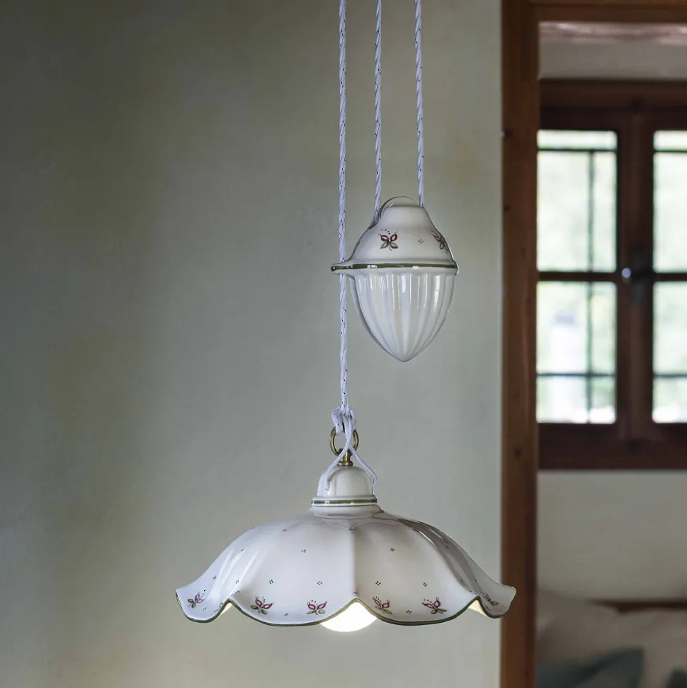 Lampada Sospesa Saliscendi in Ceramica Ondulata Decorata a Mano - Belluno