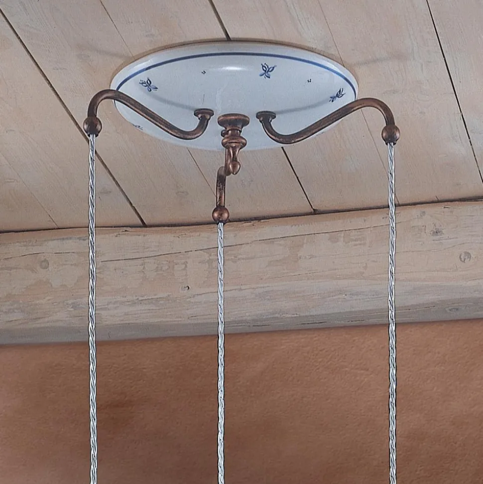 Lampada Sospesa Tonda in Ferro, Vetro, Ceramica Dipinta a Mano - Ferrara