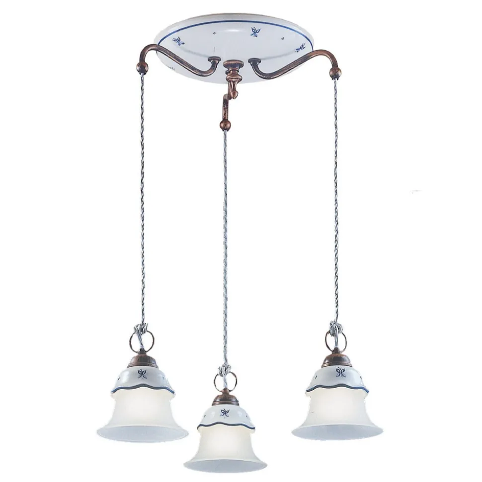 Lampada Sospesa Tonda in Ferro, Vetro, Ceramica Dipinta a Mano - Ferrara