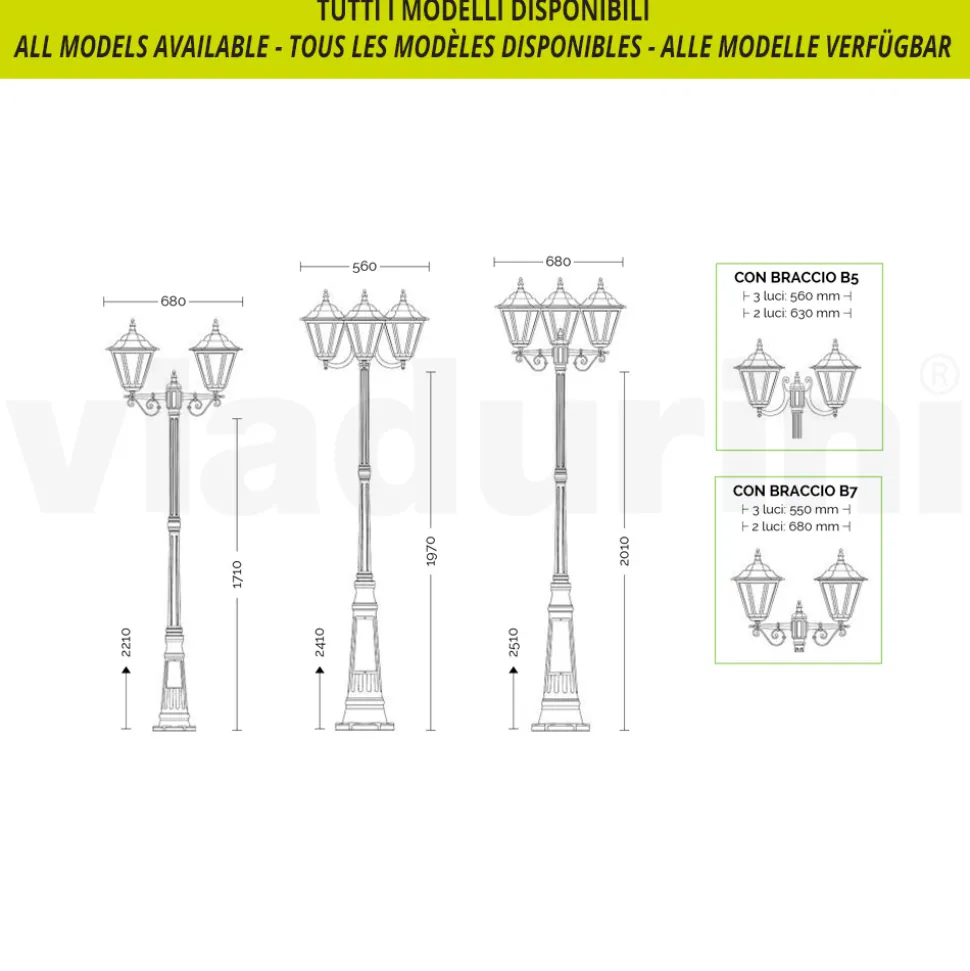 Lampione Alto 211 cm da Giardino in Vetro e 5 Finiture di Alluminio - Pinako