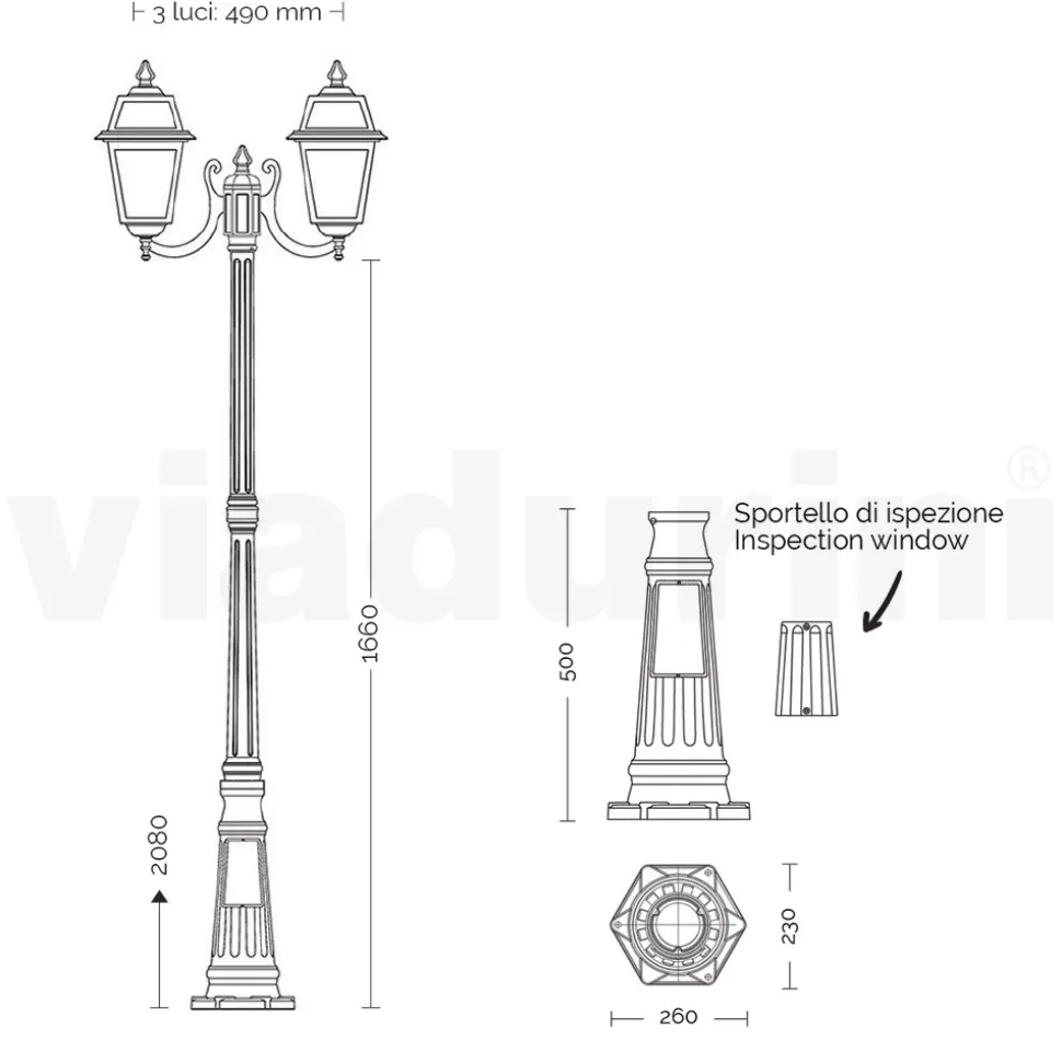 Lampione Alto 208 cm da Giardino in Alluminio Antracite e Vetro Sabbiato - Elric