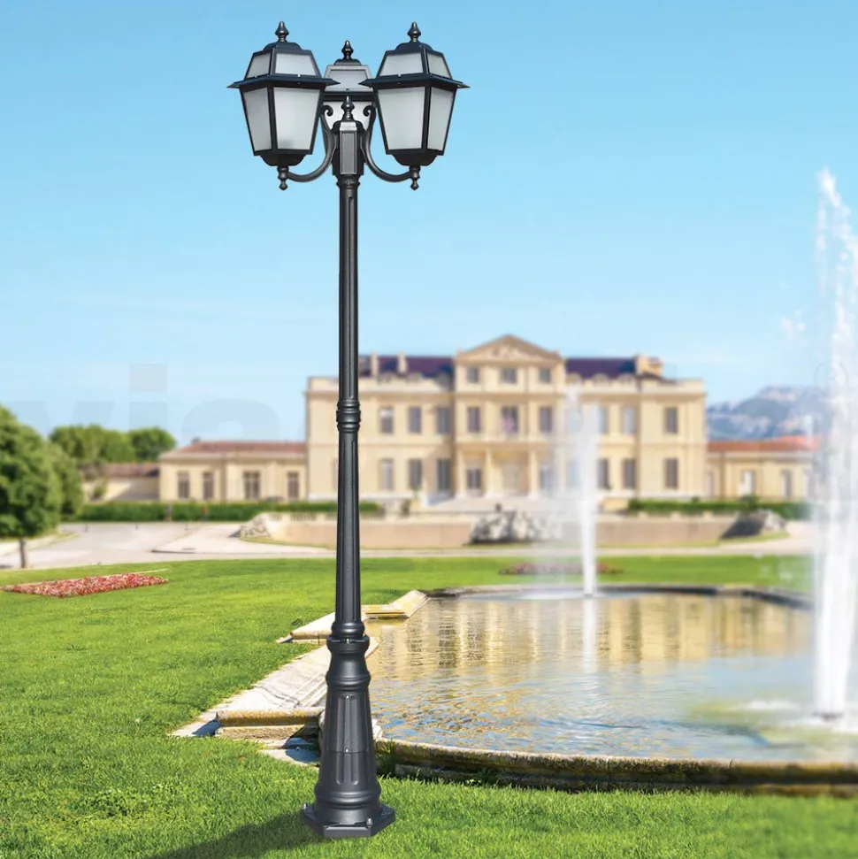 Lampione Alto 208 cm da Giardino in Alluminio Antracite e Vetro Sabbiato - Elric