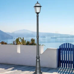 Lampione Alto 214 cm da Giardino in Alluminio Antracite e Vetro Sabbiato - Elric