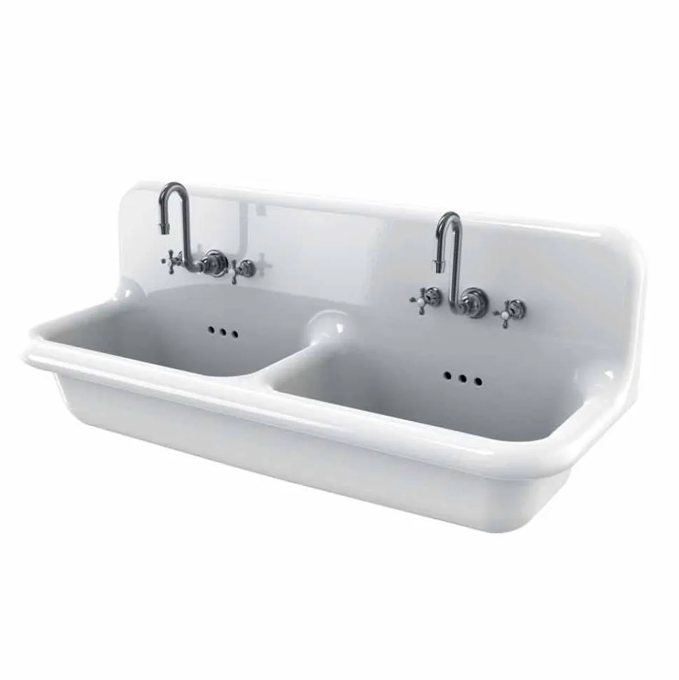 Lavabo a doppia vasca da muro in ceramica bianca stile vintage Andy