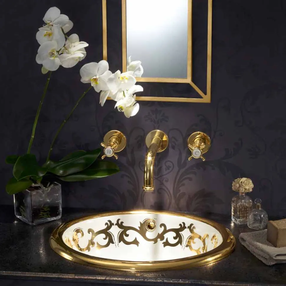 Lavabo a incasso decorato in fire clay e oro fatto in Italia, Otis