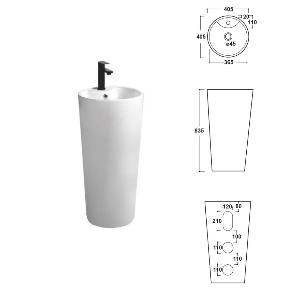 Lavabo a Terra Freestanding Tondo in Ceramica Bianca Moderna - Papavero