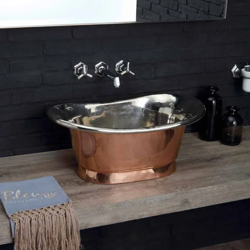 Lavabo bagno da appoggio in rame vintage con finitura in nickel lucido Calla