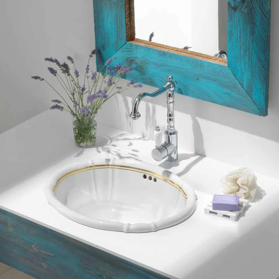 Lavabo bagno da incasso in porcellana e oro made in Italy, Santiago