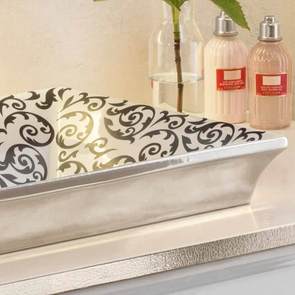 Lavabo bagno semincasso decorato a mano in fire clay made Italy, Guido