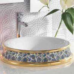 Lavabo bagno semincasso in fire clay e oro fatto in Italia, Manilo