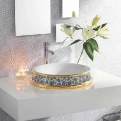 Lavabo bagno semincasso in fire clay e oro fatto in Italia, Manilo