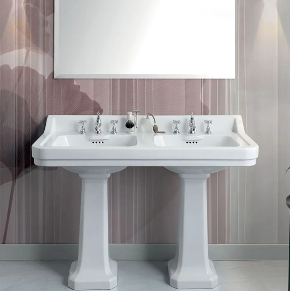 Lavabo Consolle a Colonna in Ceramica con Doppia Vasca L 125 cm - Wollie