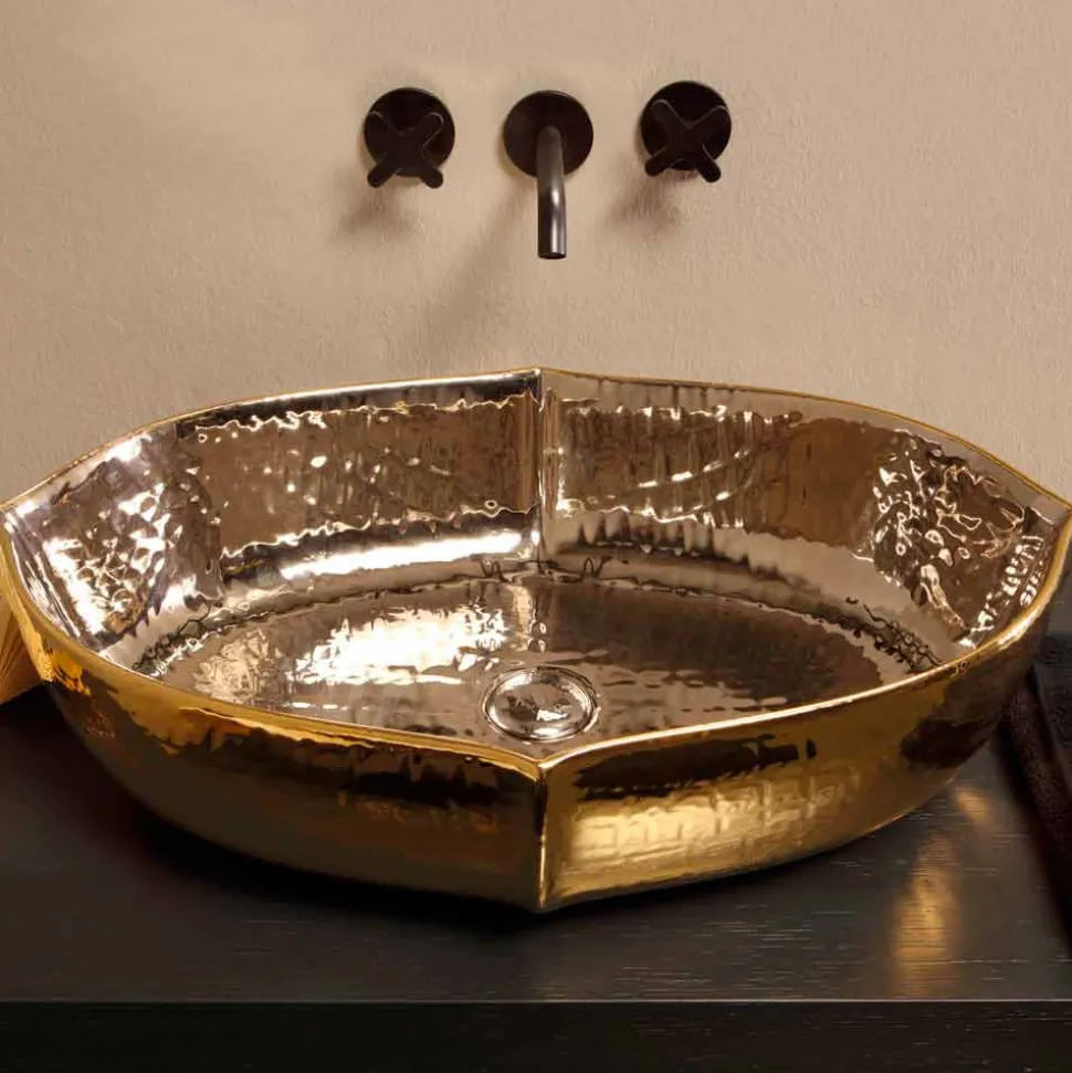 Lavabo da appoggio ceramica platino e oro di design made Italy Oscar