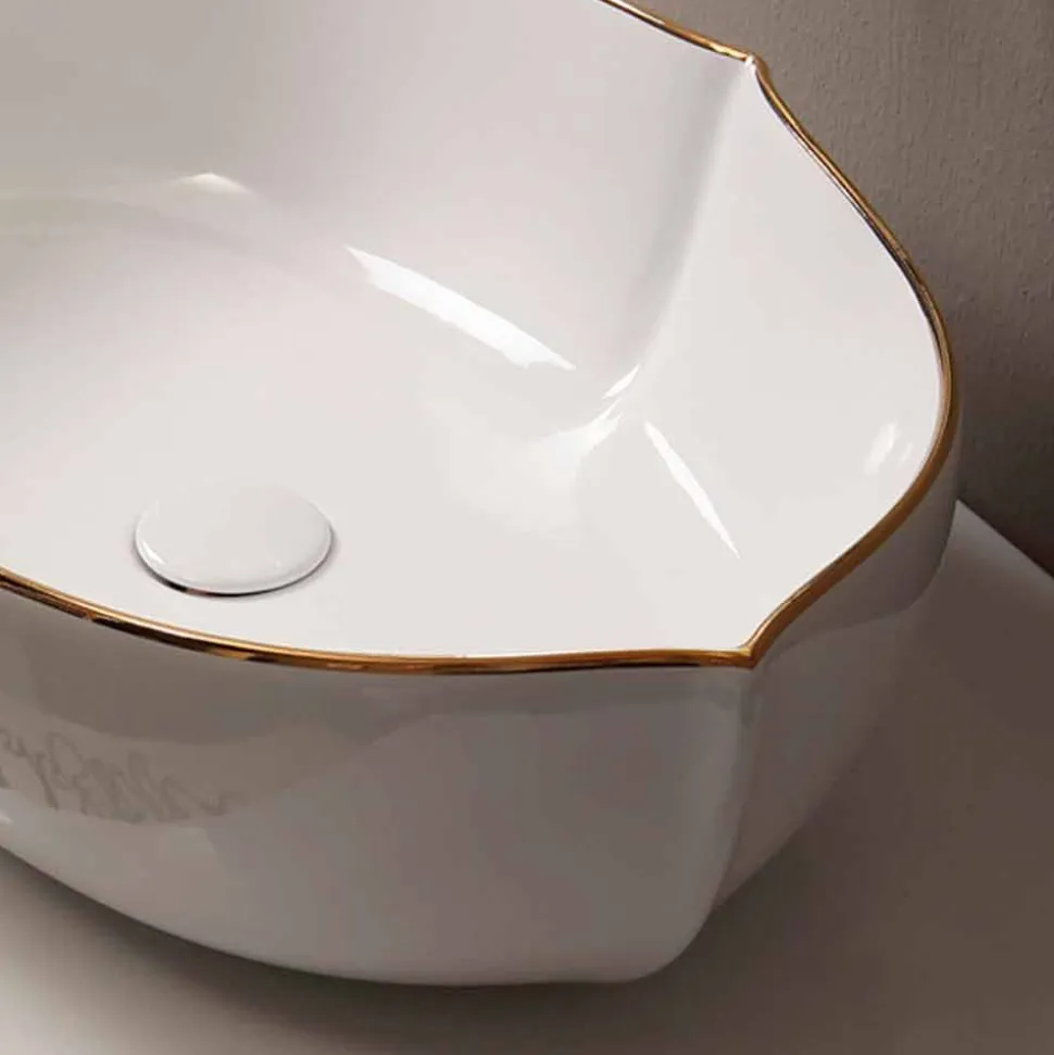 Lavabo da appoggio design ceramica bianco bordo oro made Italy Oscar
