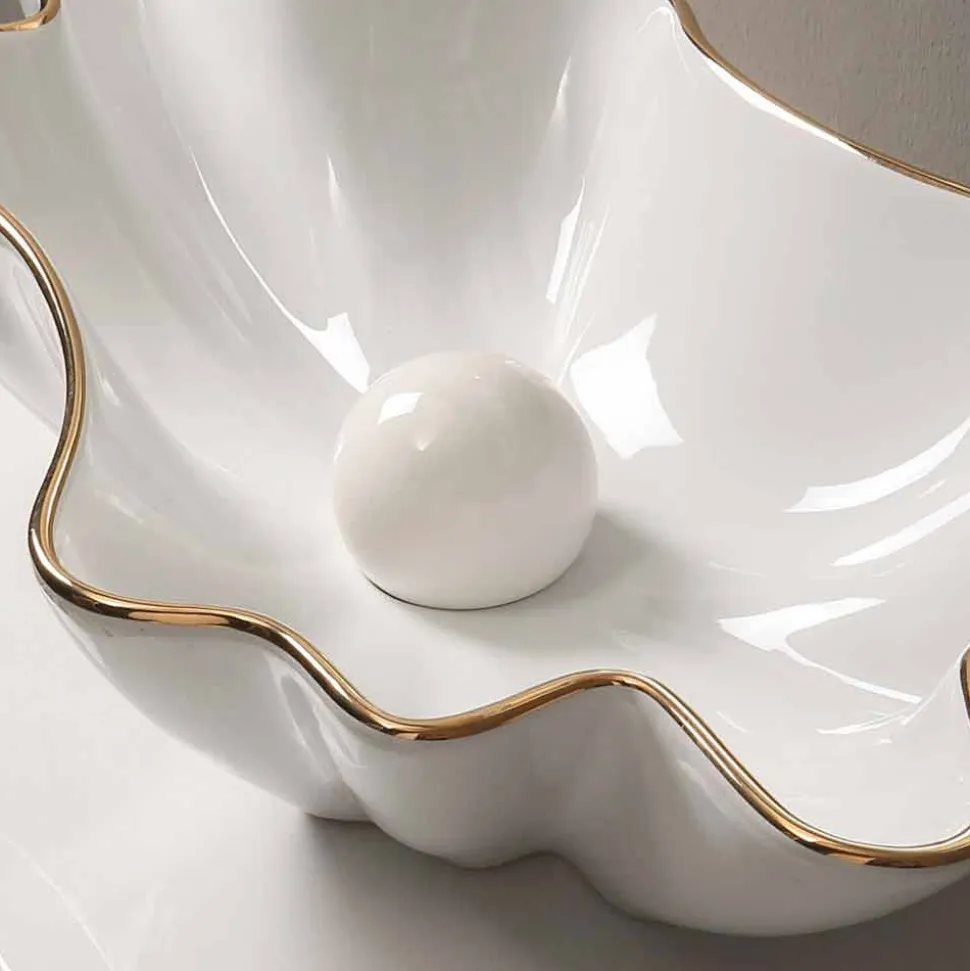 Lavabo da appoggio design ceramica bianco bordo oro made Italy Rayan