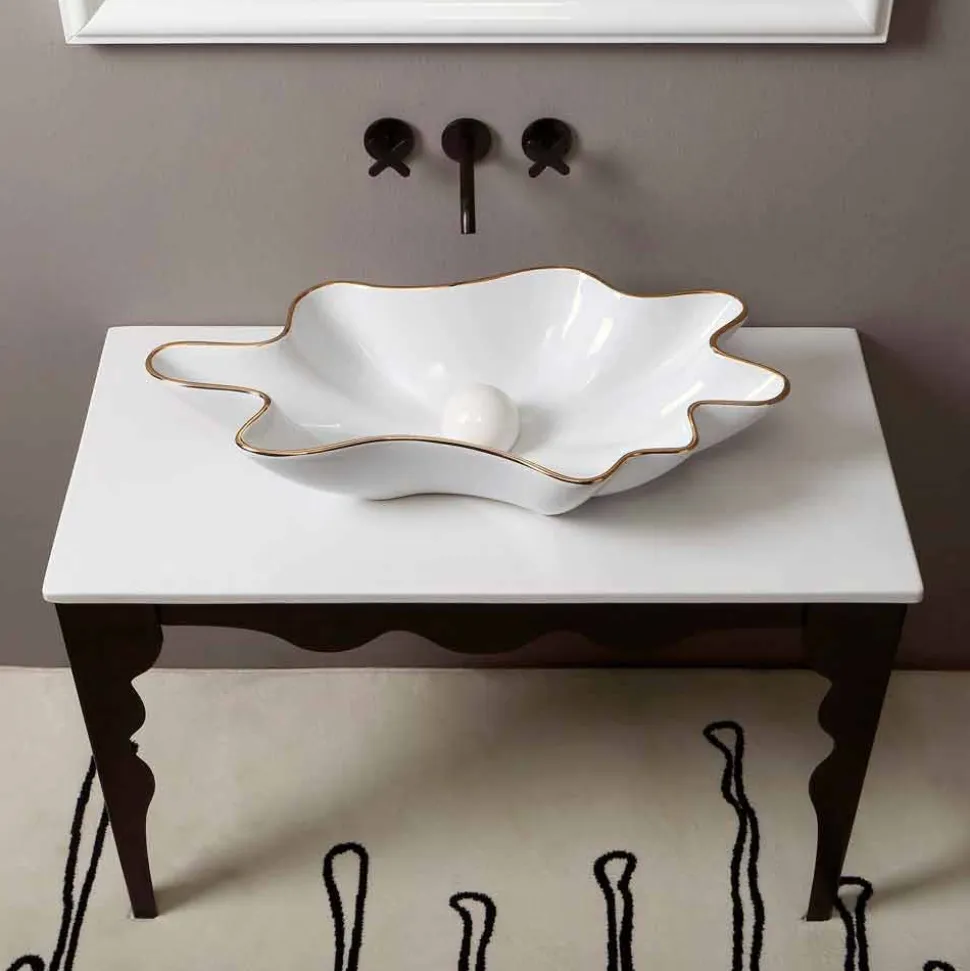 Lavabo da appoggio design ceramica bianco bordo oro made Italy Rayan