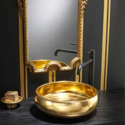 Lavabo da appoggio di design in ceramica raku oro made in Italy, Ramon