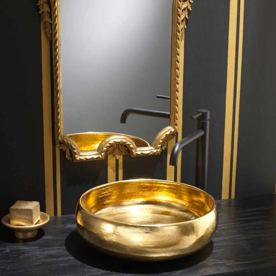 Lavabo da appoggio di design in ceramica raku oro made in Italy, Ramon