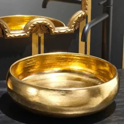 Lavabo da appoggio di design in ceramica raku oro made in Italy, Ramon