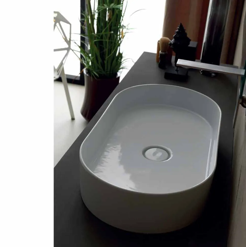 Lavabo da appoggio in ceramica design moderno Sun made Italy 65x35 cm