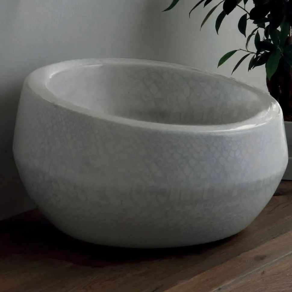 Lavabo da appoggio in ceramica pitonata bianco made in Italy Elisa