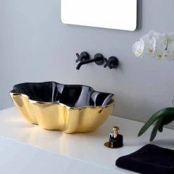 Lavabo da appoggio moderno in ceramica oro e nero fatto in Italia Cubo