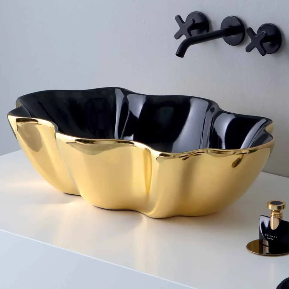 Lavabo da appoggio moderno in ceramica oro e nero fatto in Italia Cubo