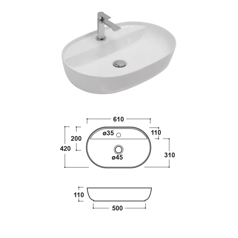 Lavabo da Appoggio Monoforo in Ceramica Lucida Design Moderno - Papavero