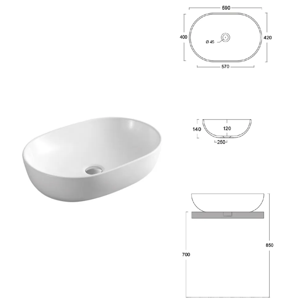 Lavabo da Appoggio Ovale in Ceramica Bianca dal Design Moderno - Papavero