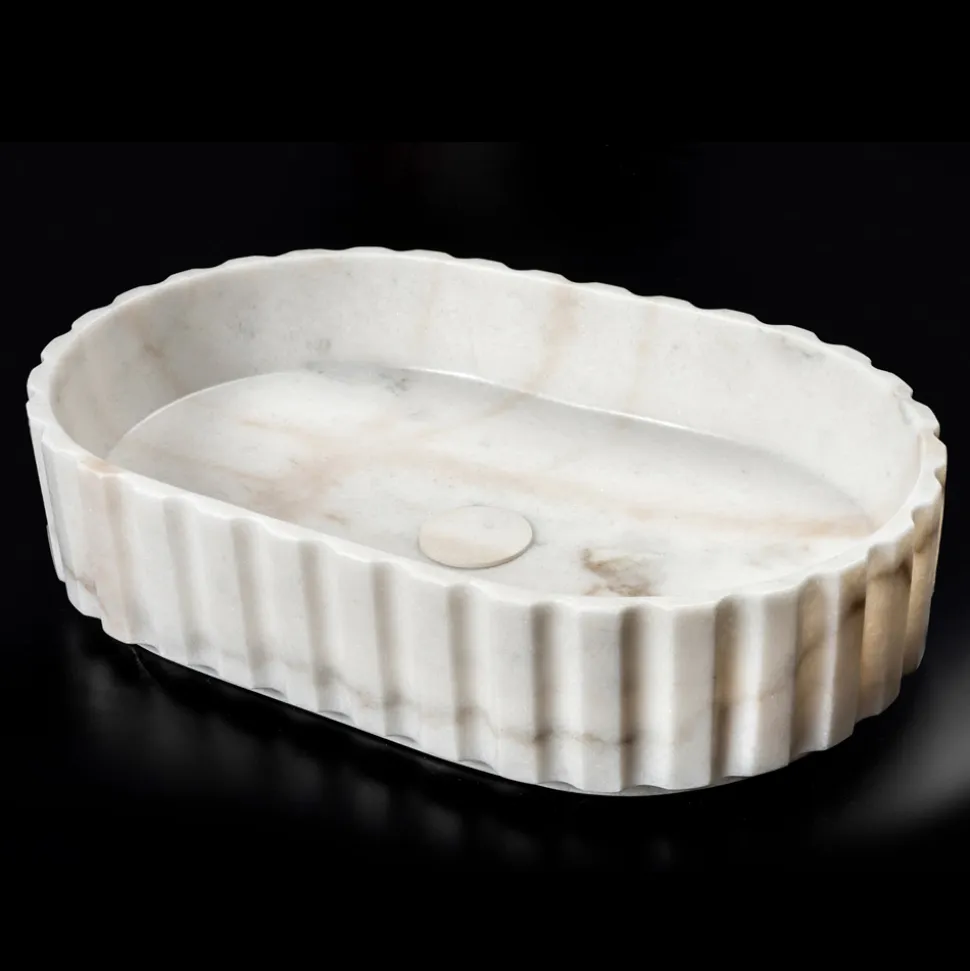 Lavabo da Appoggio Ovale per il Bagno Realizzato in Marmo Bianco - Cunzite