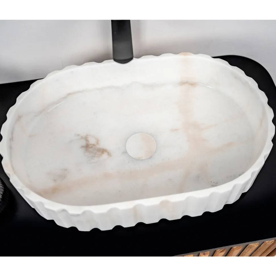 Lavabo da Appoggio Ovale per il Bagno Realizzato in Marmo Bianco - Cunzite
