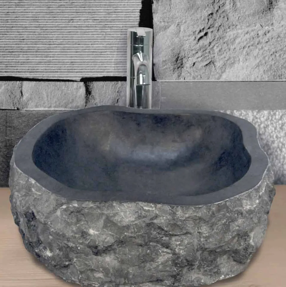 Lavabo da Appoggio Pezzo Unico in Marmo Nero Mumbai, non riproducibile in serie
