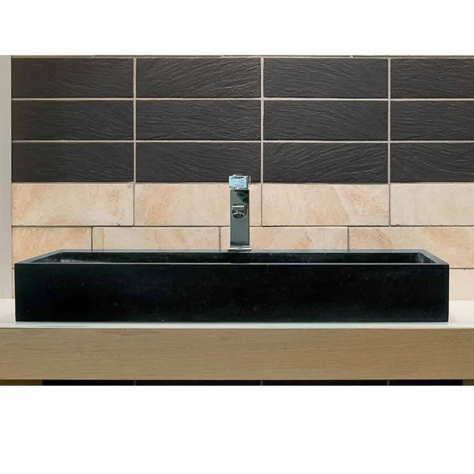 Lavabo da Appoggio rettangolare in Basalto Nero Chao, design naturale