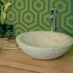 Lavabo da Appoggio rotondo in Pietra Naturale Beige esterno Grezzo Pai
